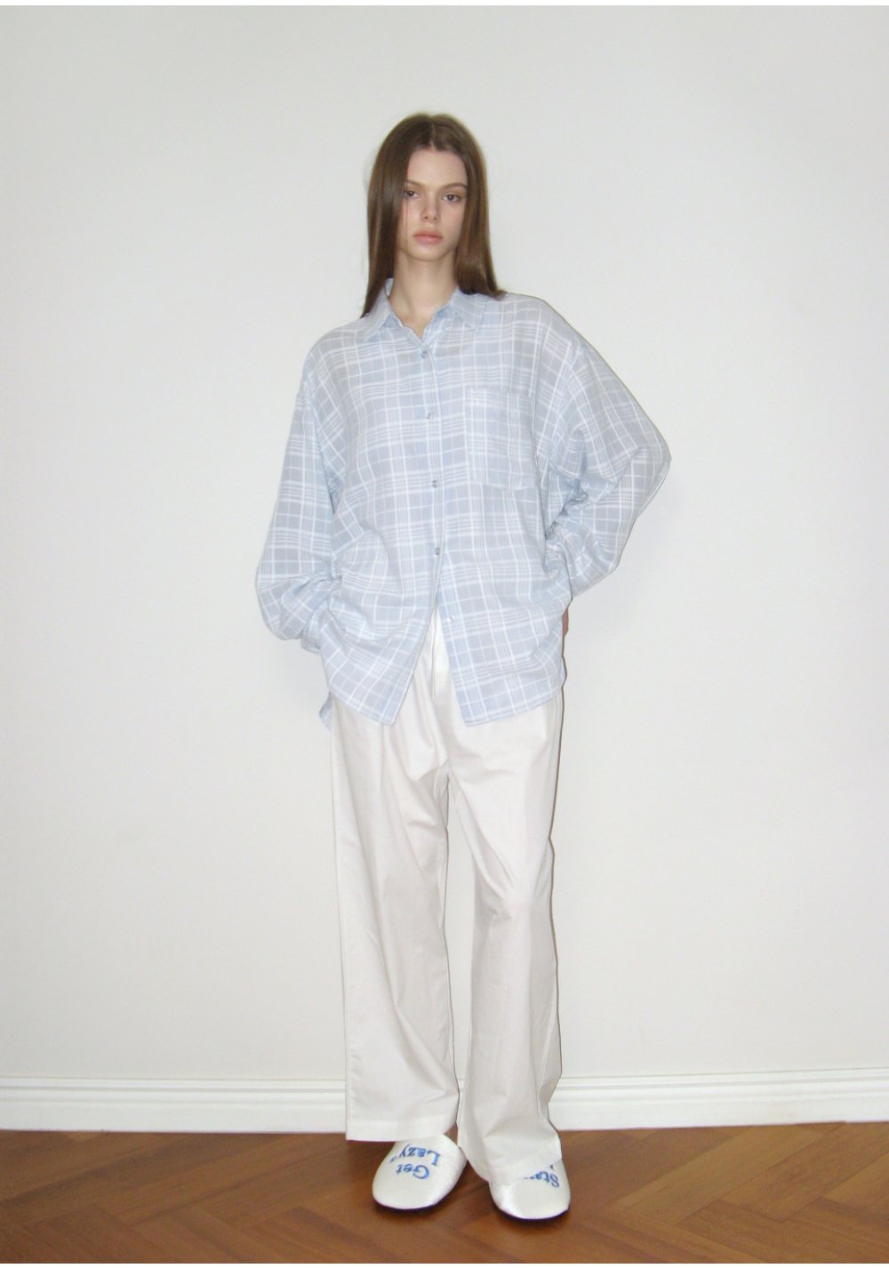 【U LAN】Colty loose fit check shirt Lacoste Men's Boxy Fit Quilted Sleeve Check Cotton Shirt
